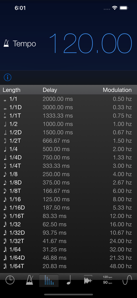 MusicMath - MusicMath tempo to delay and modulation conversion table