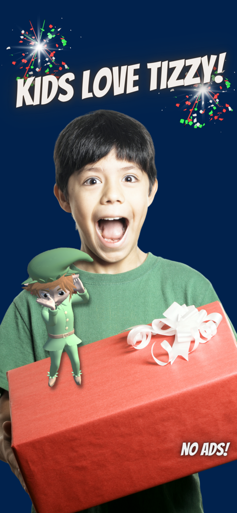 Um menino animado segurando uma caixa de presente vermelha com o Elfo de Natal Tizzy em cima