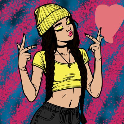 realistic teenage girl with braids and a beanie and crop top doing 🫶🏼