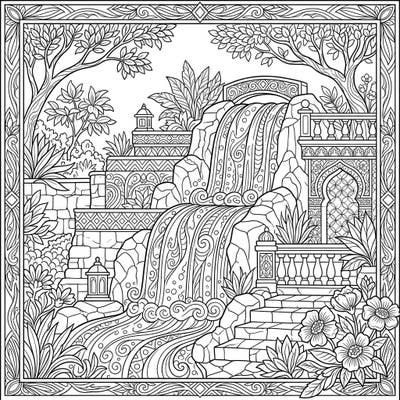 Dive into a world of intricate beauty with this stunning adult coloring page featuring a majestic man-made waterfall. Explore an ornate garden filled with delicate details, perfect for a relaxing and mindful coloring session.