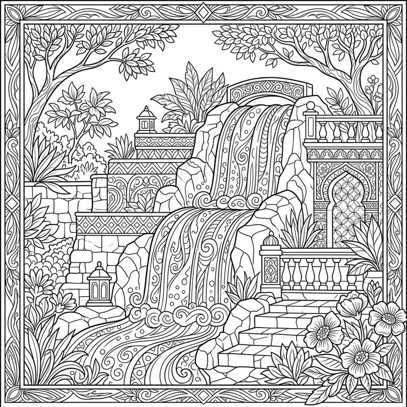 Dive into a world of intricate beauty with this stunning adult coloring page featuring a majestic man-made waterfall. Explore an ornate garden filled with delicate details, perfect for a relaxing and mindful coloring session.