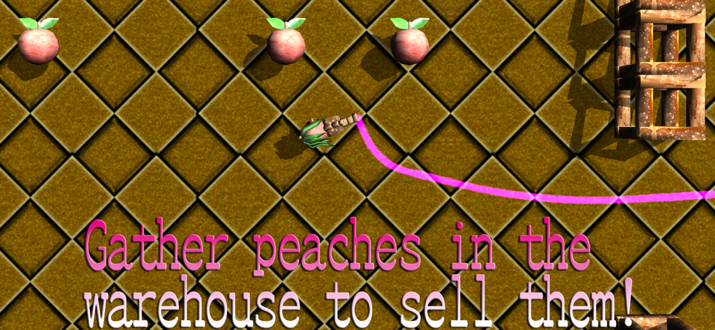 Um personagem colhendo pêssegos em um armazém com um rastro rosa em um chão de azulejos