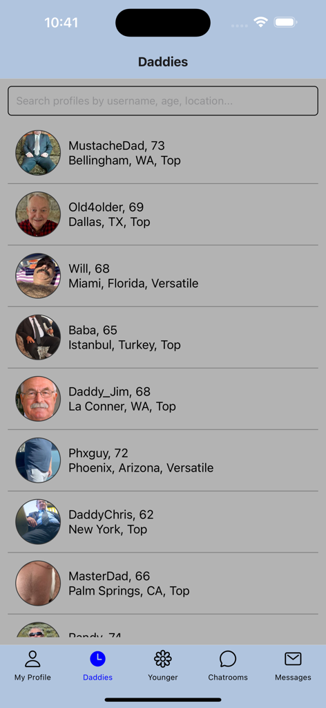 A list of older gay men profiles in the Daddies section of the app featuring names ages and locations.