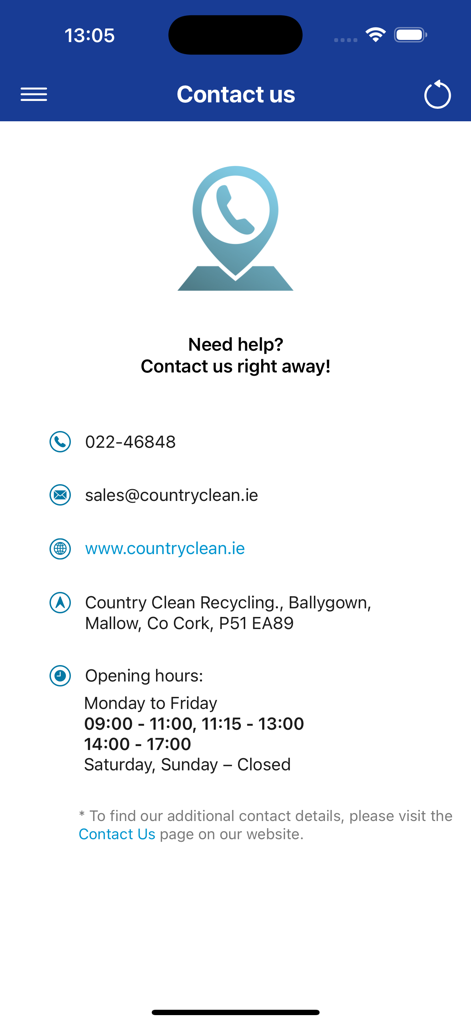 Country Clean Customer App - Contact information screen for Country Clean Customer App featuring phone email address and business hours