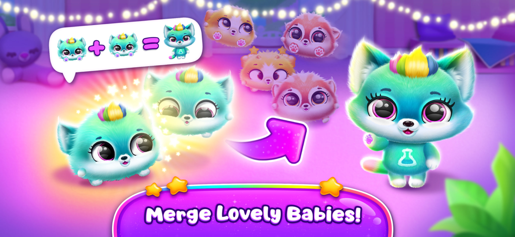 Fluvsies Merge Party - Dos lindas Fluvsies bebés azules uniéndose para formar una mascota peluda más grande en una habitación colorida.