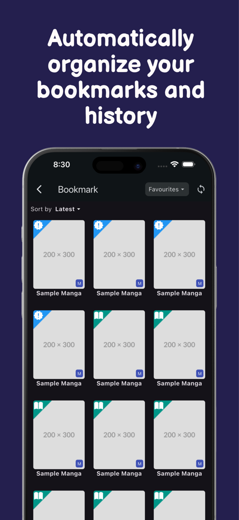 Manga Cookie Browser - Tela de marcadores do Manga Cookie Browser mostrando uma grade de títulos de mangá salvos em modo escuro