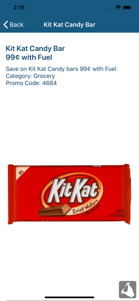 Screen from the More Miles Journie Rewards app showing a promotion for a Kit Kat candy bar for 99 cents with a fuel purchase