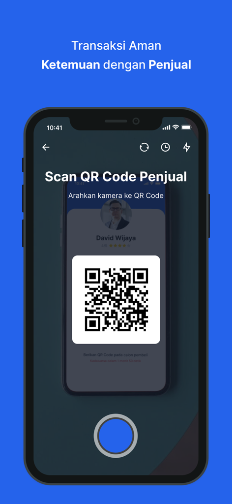 bekasku - Un'interfaccia mobile dall'app bekasku che mostra uno scanner di codici QR per transazioni verificate faccia a faccia tra acquirenti e venditori.