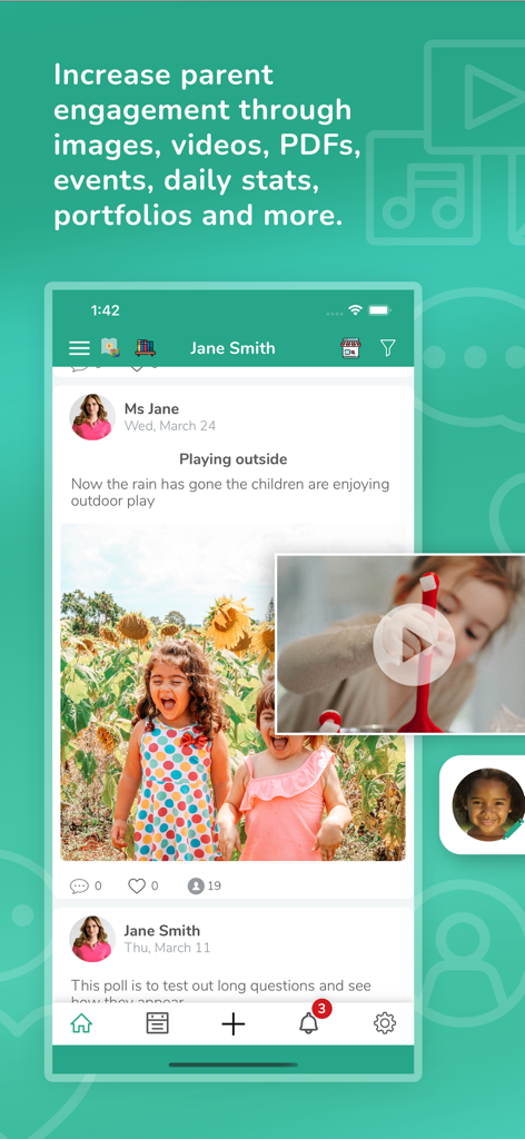 OWNA Childcare App - Benutzeroberfläche der OWNA Kinderbetreuungs-App, die einen Feed mit Fotos und Videos zur Elternbeteiligung anzeigt