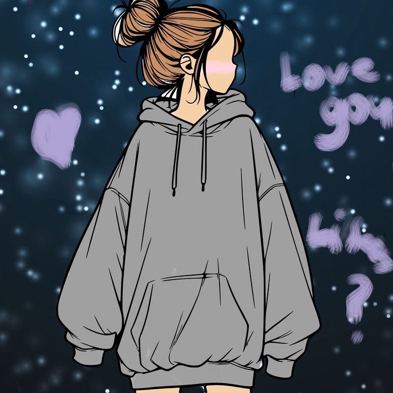 realistic girl with a oversized sweatshirt on and a bun