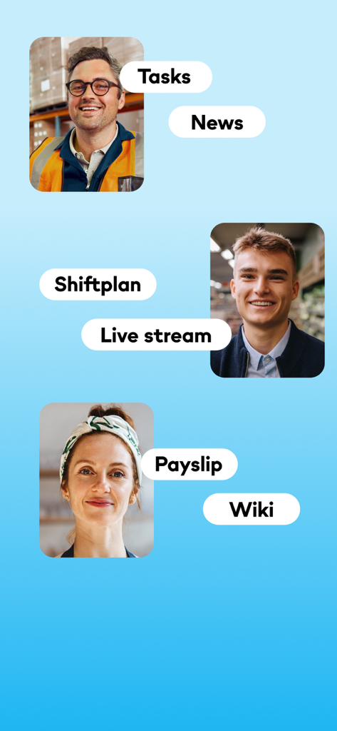 Flip-App - Frontline employees in logistics and retail with labels for Flip-App features like shiftplan and payslips