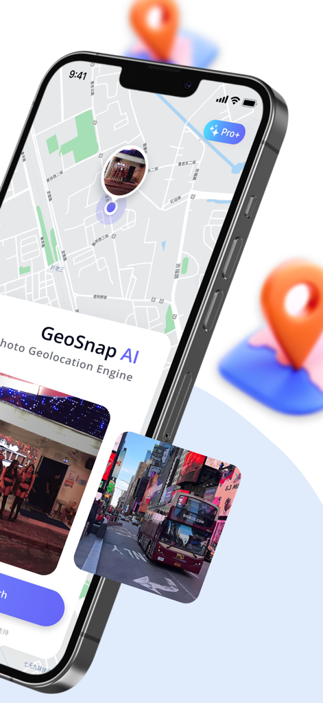 Interface de l'application mobile GeoSnap AI montrant une carte avec un emplacement de photo épinglé et des images de ville.