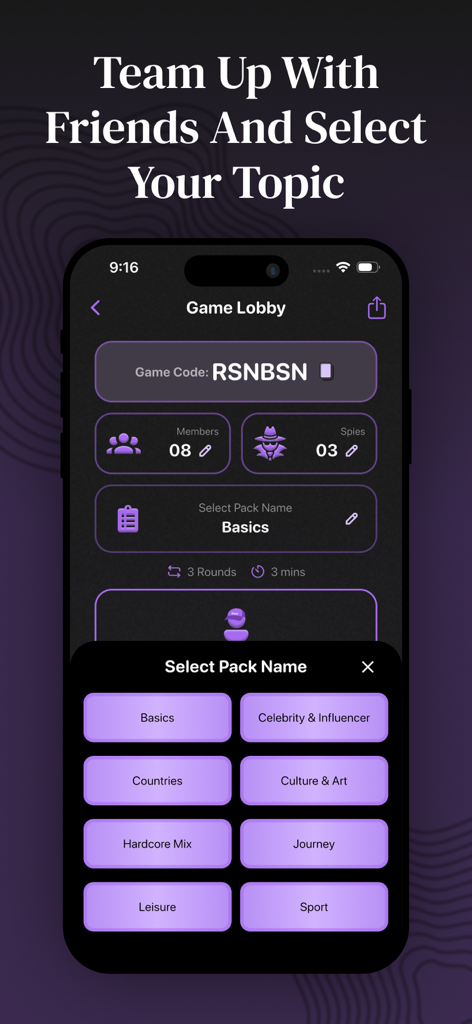 Spy Game - party impostor game - Spy Game Party-Lobby-Bildschirm mit Auswahl der Themenpakete und Spieleinstellungen