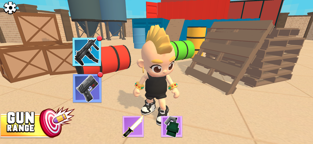 A blocky character with a mohawk in a training level with weapon selection icons for guns and grenades