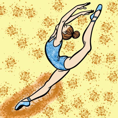 gymnast doing a leap in a leotard with a bent back leg