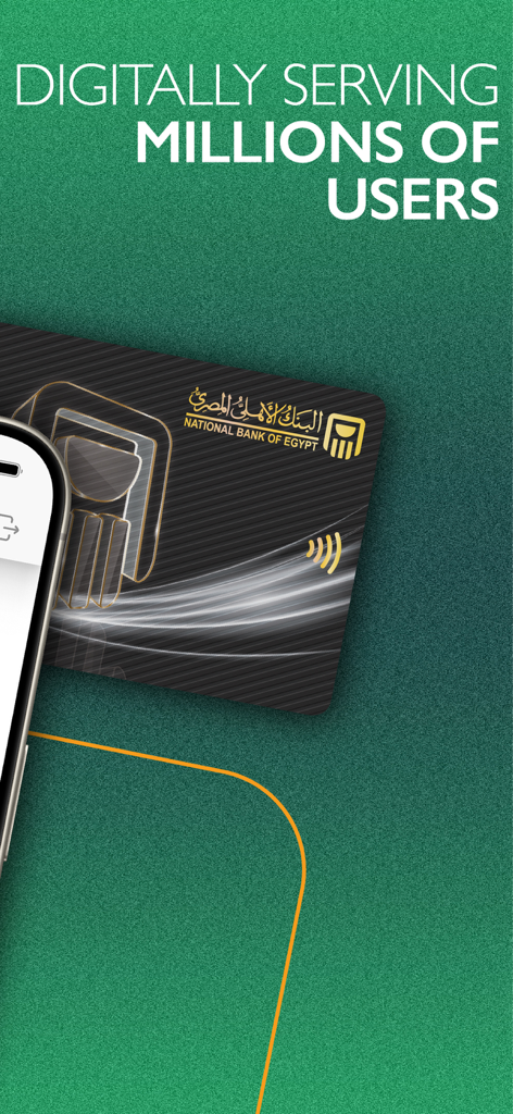 Interfaccia dell'app mobile della National Bank of Egypt con una carta bancaria e testo che indica Servizi Digitali per Milioni di Utenti