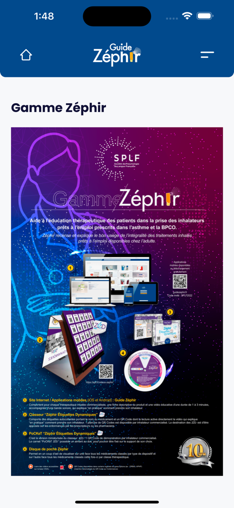 Image promotionnelle de Guide Zephir présentant l'application mobile et les outils physiques destinés à l'éducation des patients en matière de santé respiratoire
