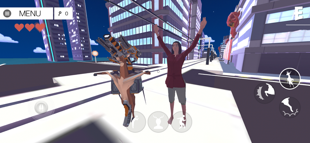 A deer equipped with heavy guns on its back standing next to a character in a low poly city environment.
