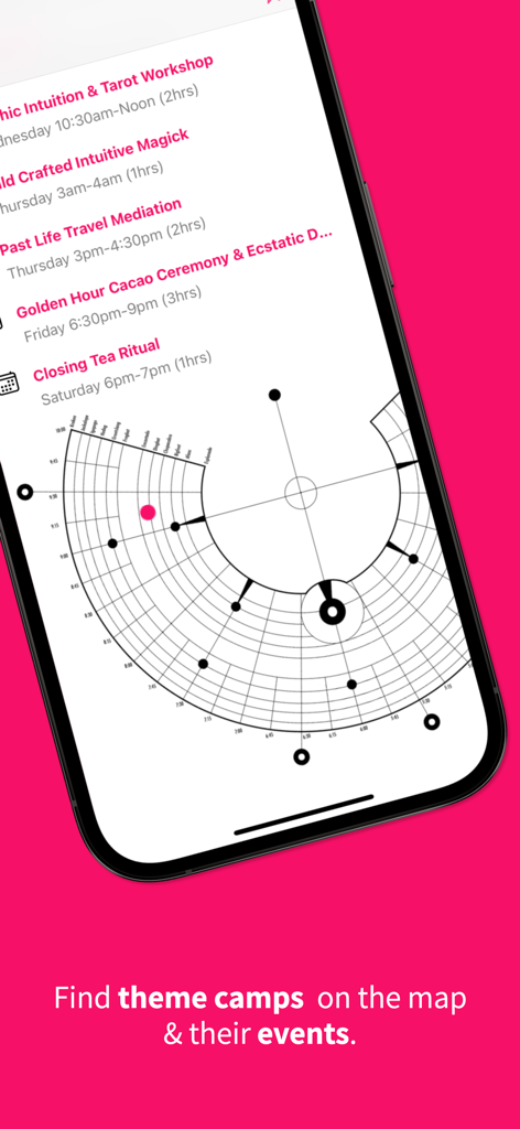 Screenshot dell'app Dust che mostra una mappa circolare di Black Rock City con le posizioni dei tema camp e un elenco degli eventi del festival programmati.