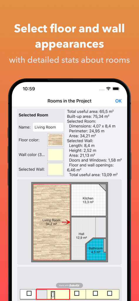 Room Arranger - Room Arranger app interface displaying a floor plan layout with detailed room dimensions and wall statistics