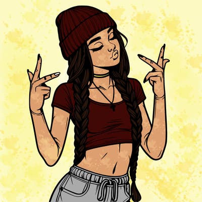 realistic teenage girl with braids and a beanie and crop top doing 🫶🏼