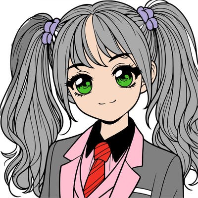 realistic girl with two ponytails and a suit on