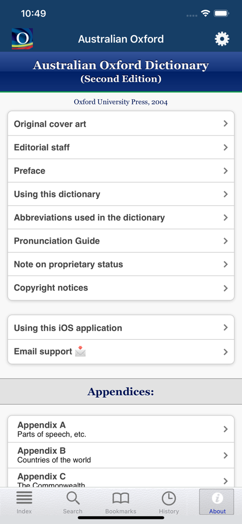 The information and appendices menu of the Australian Oxford Dictionary app