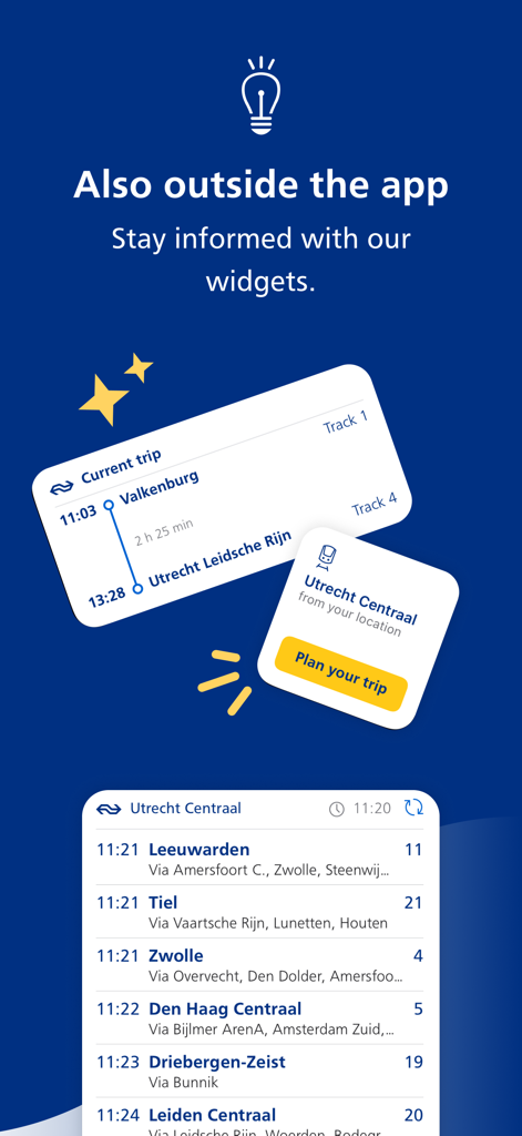 NS Travel Planner - NS Reiseplaner-App-Oberfläche mit Widgets zur Reiseplanung und einer Liste der Zugabfahrten von Utrecht Centraal