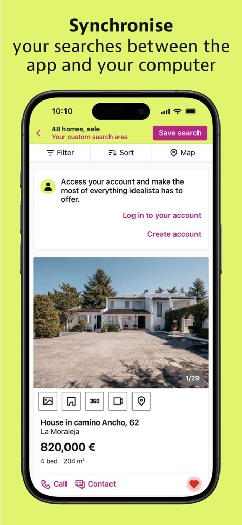 Idealista app interface showing a house listing in Spain and a search synchronization feature