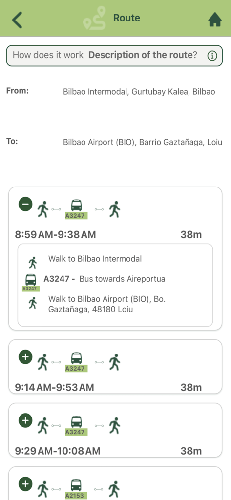 Bizkaibus - Bus route options from Bilbao Intermodal to Bilbao Airport in the Bizkaibus app.