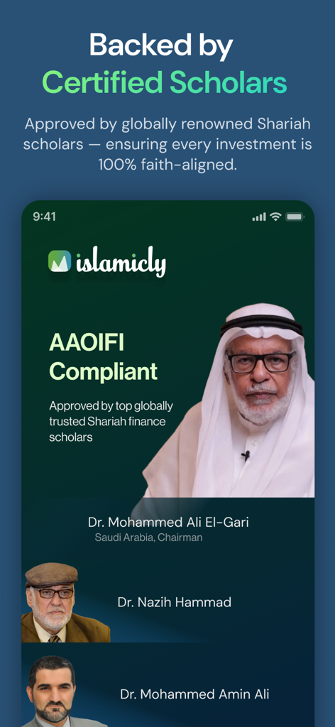 Schermata dell'app Islamicly che mostra studiosi Sharia certificati per gli investimenti halal