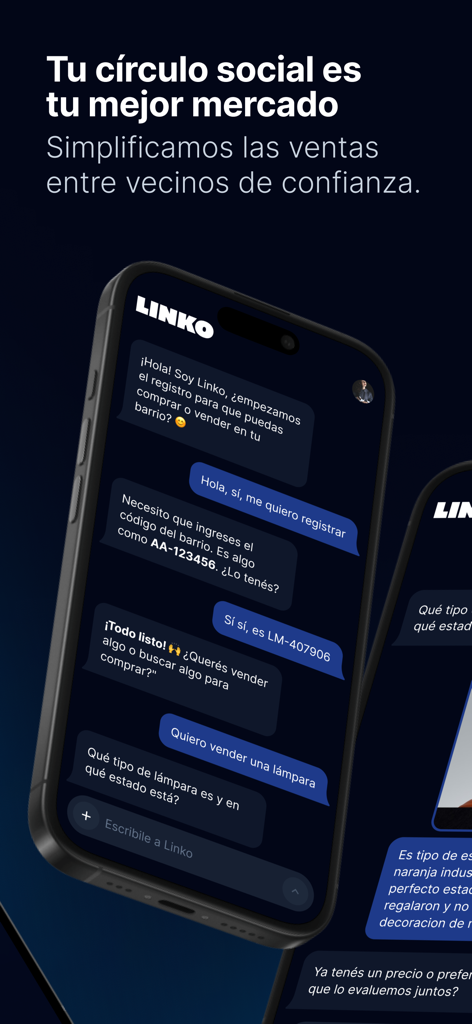 Chat dell'app Linko che mostra l'assistente IA che aiuta un utente a vendere un articolo localmente in spagnolo
