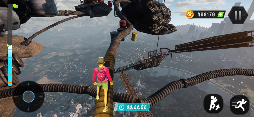Going Jump Up: Parkour Games - Third person view of a player character navigating floating pipes high above a city landscape in Going Jump Up