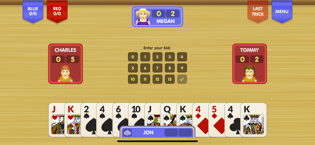 Spades ∙ - A digital Spades card game interface showing the player's hand and a numeric keypad to enter a bid during a match against AI opponents