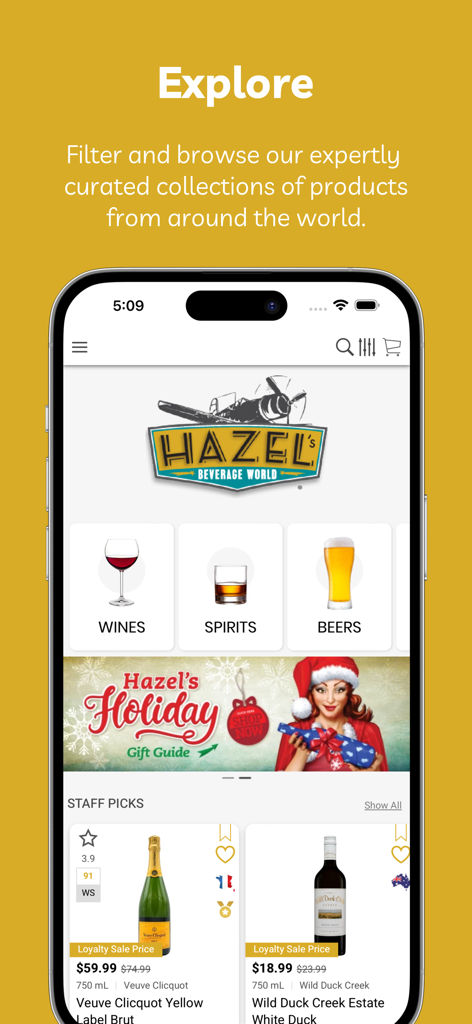 Pantalla de inicio de la aplicación Hazel's Beverage World con categorías de vino, licores y cerveza con una sección de selecciones del personal