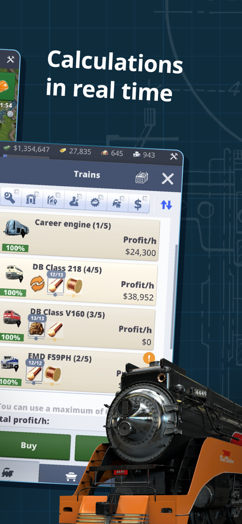 Rail Nation - Rail Nation game screen showing train fleet management and real-time profit calculations.