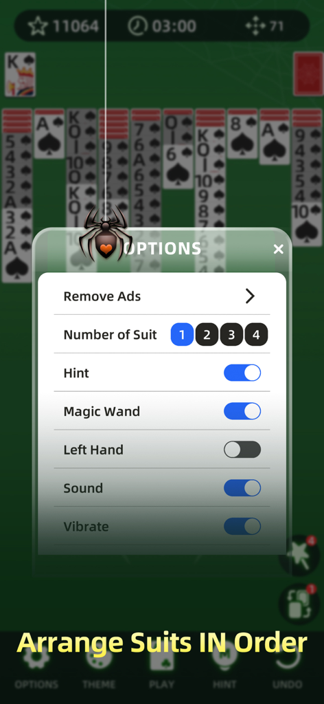 Spider Solitaire - Card 2026 - Gameplay screen of Spider Solitaire showing the options menu with settings for number of suits and game features.