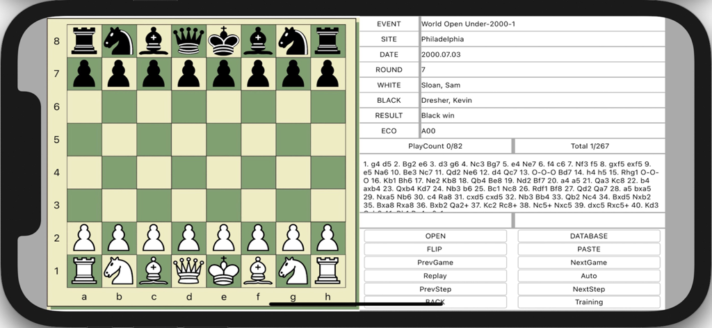 SUPER CHESS BOARD - Interfaz de la aplicación Super Chess Board mostrando un tablero de ajedrez junto con notación PGN y controles de análisis de partida