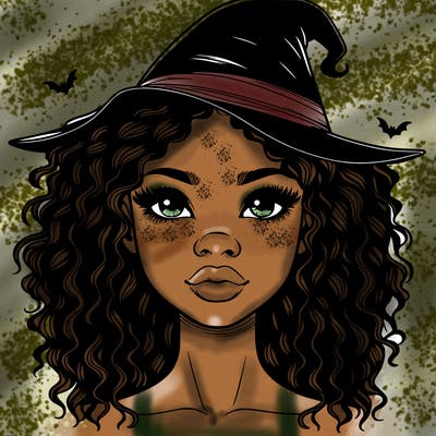 realistic black girl with wavy hair and witch hat and nose and lips
