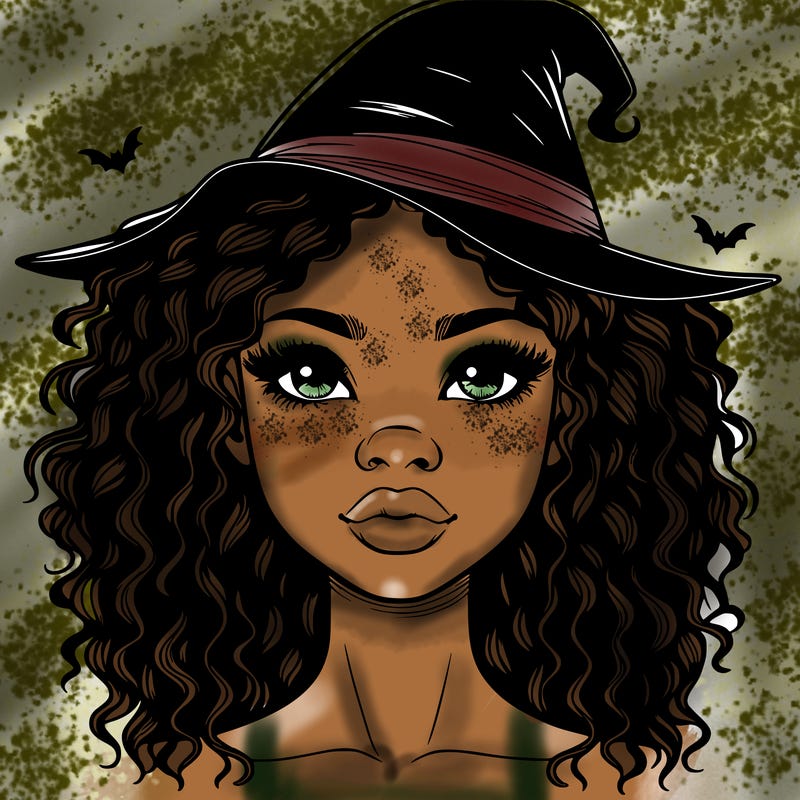 realistic black girl with wavy hair and witch hat and nose and lips
