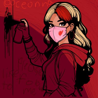 realistic girl with mask spray painting a wall