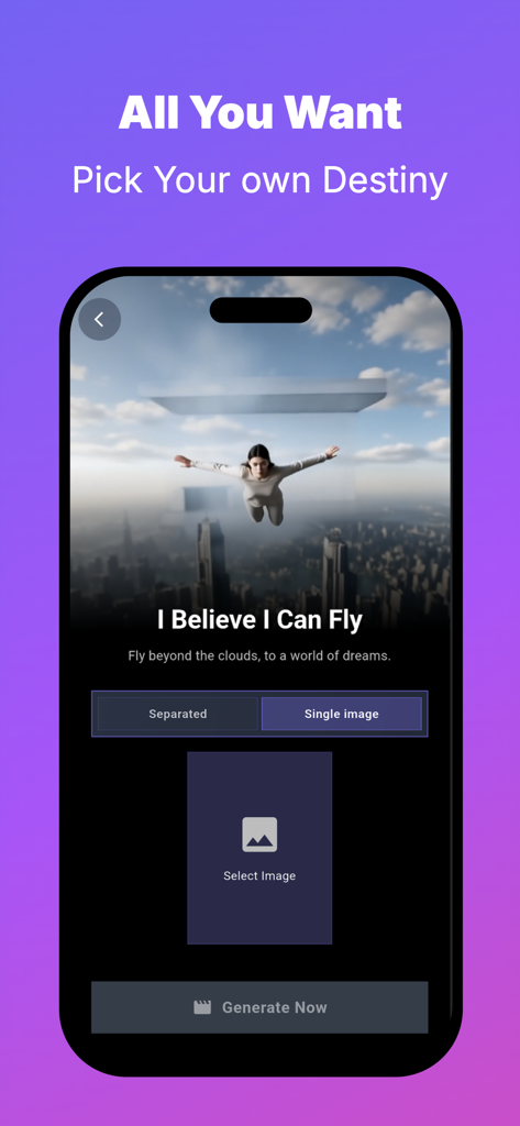 Pom AI：AI Video Generator - Interfaz de la aplicación móvil Pom AI mostrando la función de generación de imagen a video con una indicación de una mujer volando sobre un horizonte urbano.