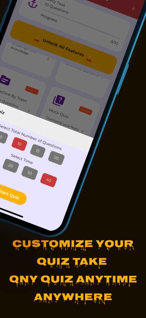 Medical Laboratory Prep 2025 - Una pantalla de aplicación móvil que muestra opciones para personalizar el número de preguntas y el límite de tiempo para un cuestionario de práctica