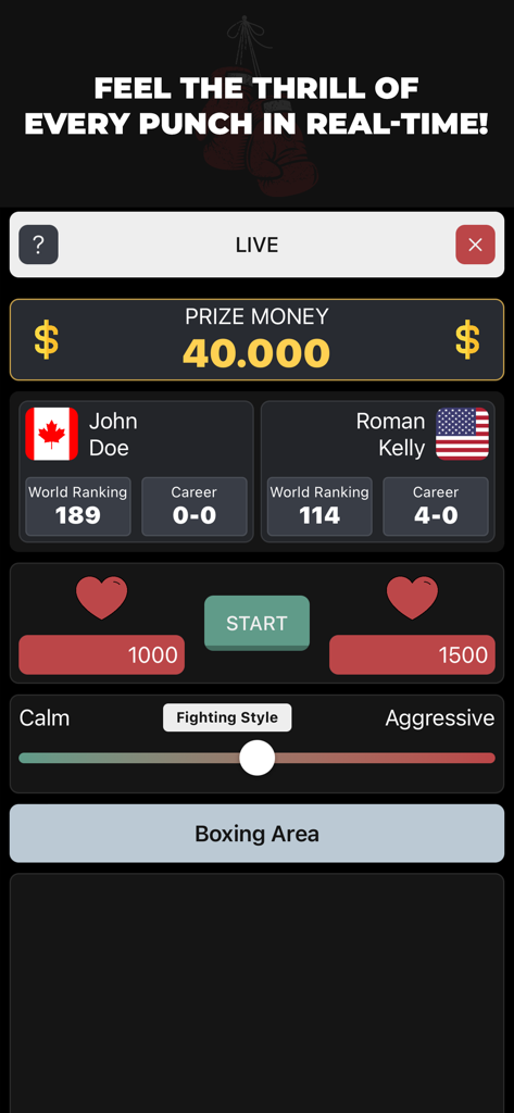 Superstar: Real Boxing Manager - Live fight management screen showing fighter rankings prize money and health bars in a boxing career simulation