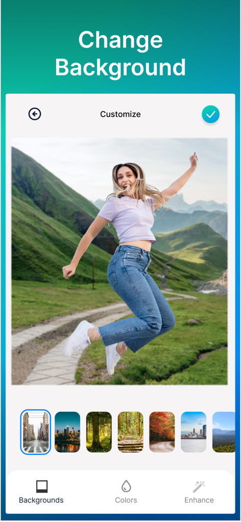 Interfaz de la aplicación mostrando una foto de una mujer saltando con múltiples opciones de fondo para seleccionar.
