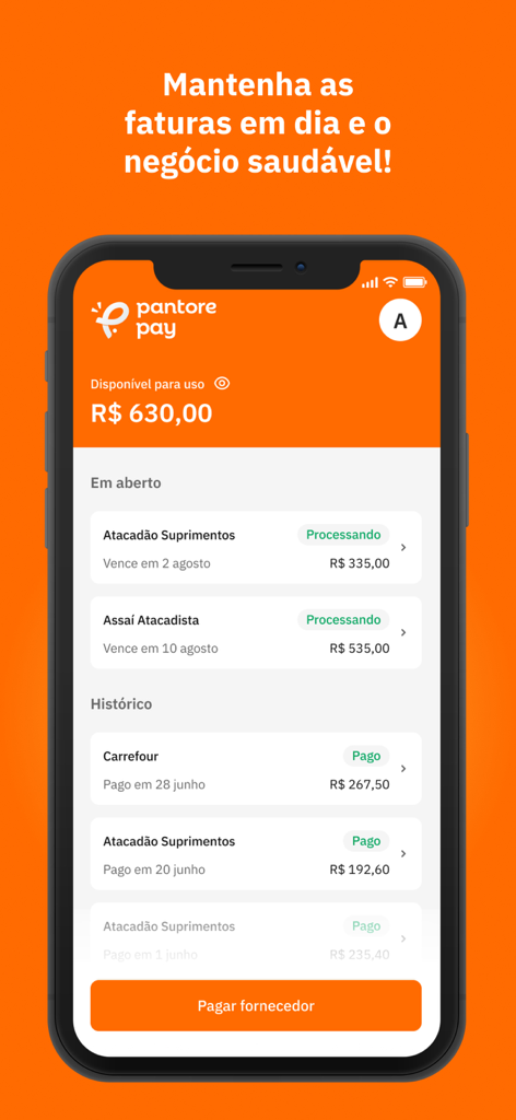 Pantore Pay - Mobile interface of Pantore Pay app showing available credit and business payment history