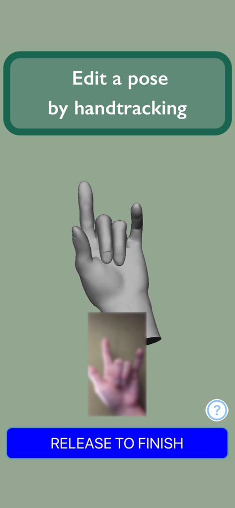 Interface of the HandModel app demonstrating 3D hand pose editing through real-time camera handtracking for artist reference.