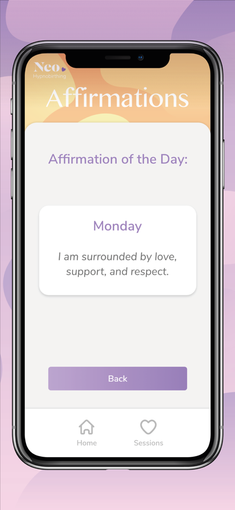 Neo Hypnobirthing - Pantalla de la aplicación Neo Hypnobirthing que muestra una afirmación diaria para el embarazo.