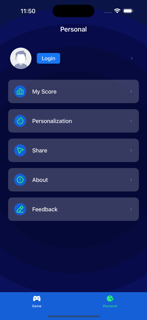 Yanidube - Personal settings menu in the Yanidube app showing profile login and score options.