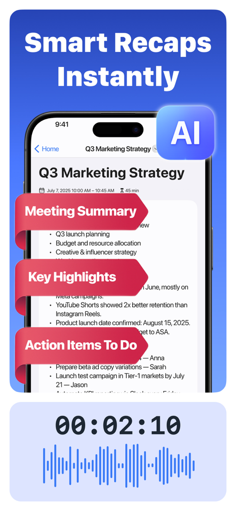 AI Note Taker: Meeting Notes - AI Note Taker interface showing meeting summary highlights and action items for a marketing strategy session.